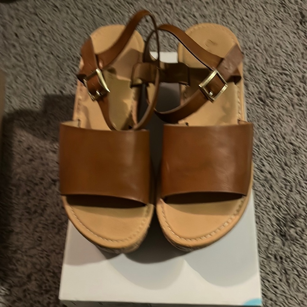 Wild Diva flat form cognac colored sandals.